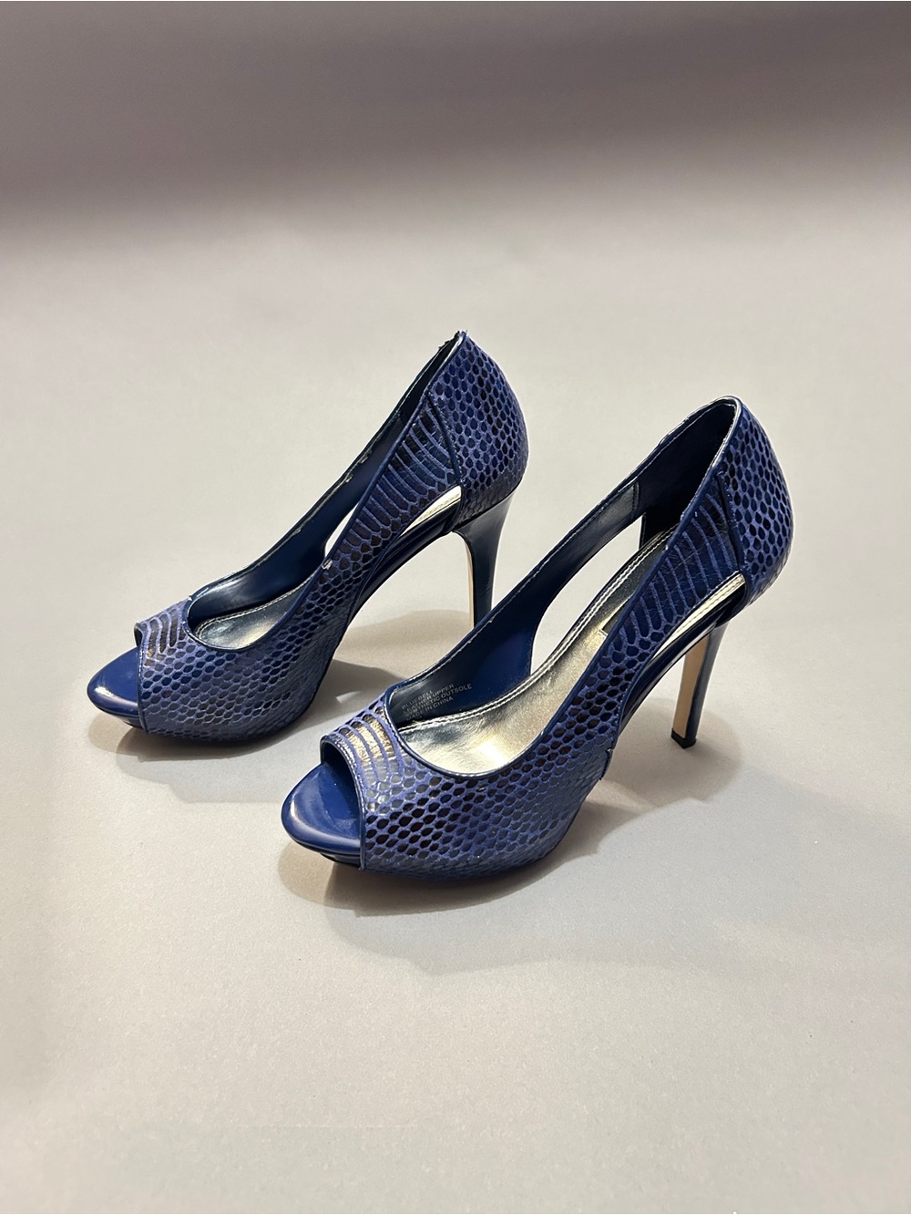 White House Black Market Navy Snake-Embossed Peep-Toe Heels